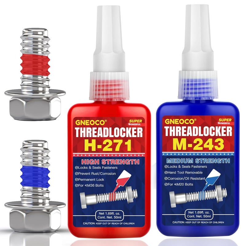 GNEOCO ThreadLocker Blue and Red, Thread Lock Medium High Strength Lock Tight for Nuts, Bolts, Fasteners and Metals, Anaerobic Curing Metal Glue to Prevent Loosening and Corrosion (M243 H271-100ml) - Image 1